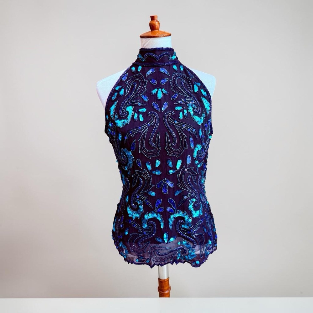Vintage 80s Scala Beaded Sequined Silk Top XL Turquoise Blue Black Sleeveless